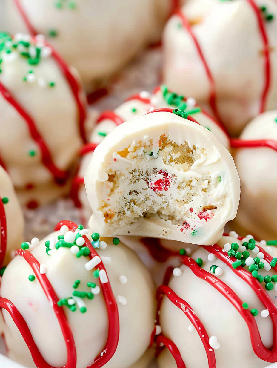 Close-up of a Christmas Tree Cake Truffle with red drizzle