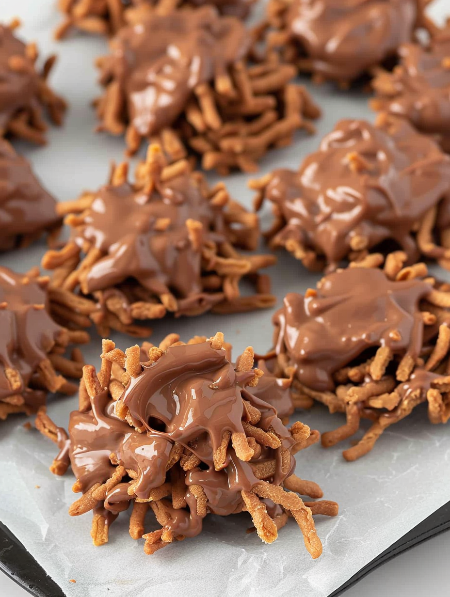 Close up of a chocolate haystack cookie