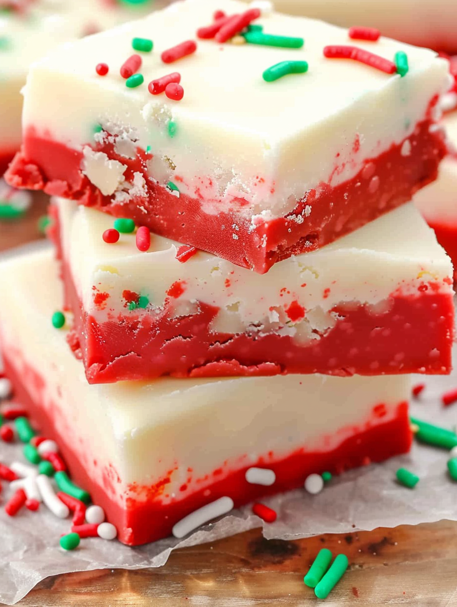 Two tone red velvet and white cake batter fudge in pan with sprinkles