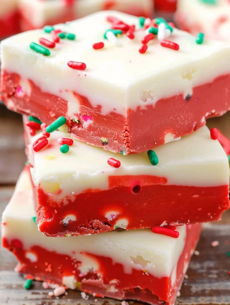 Close up of cut fudge squares on a plate with holiday sprinkles