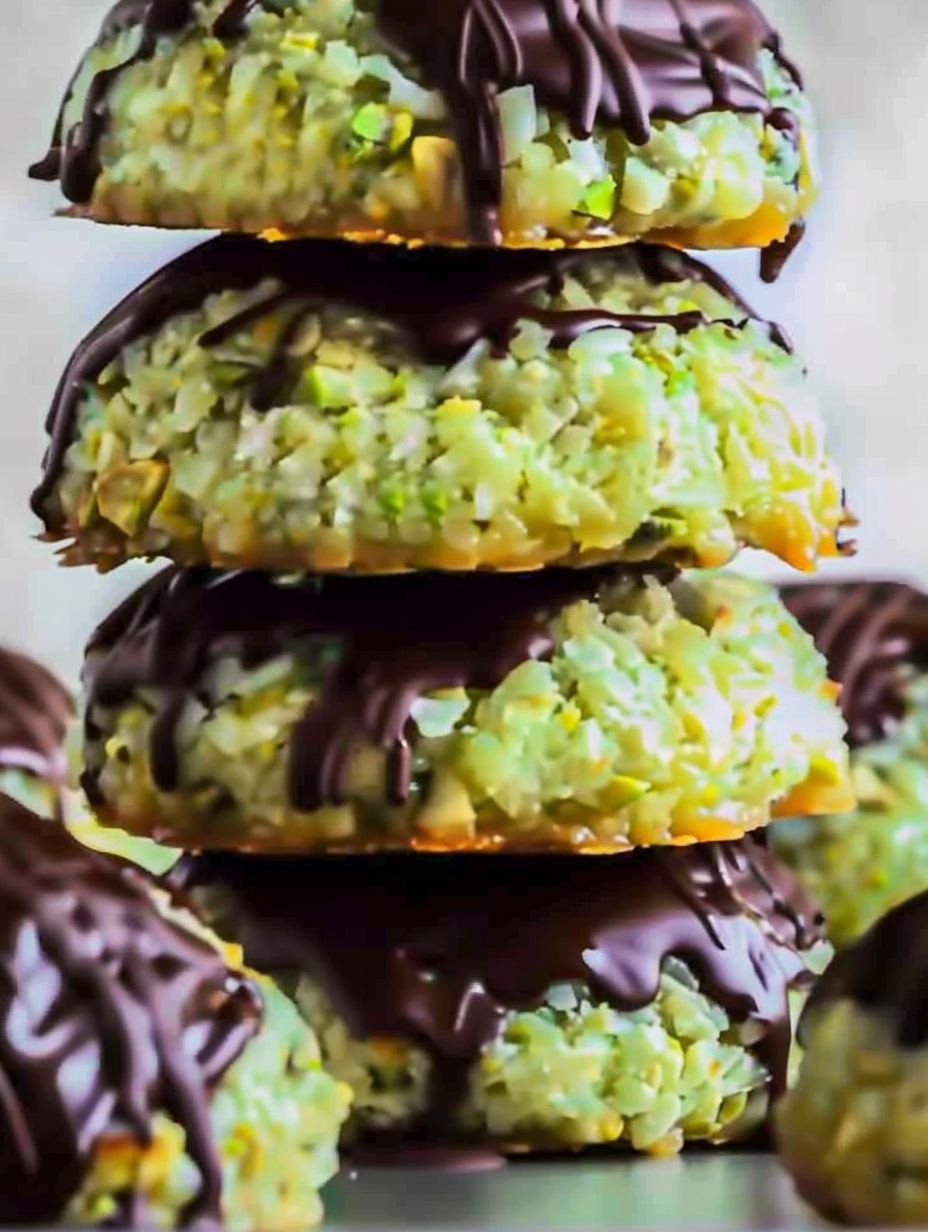 Close-up of chocolate dipped pistachio coconut macaroons