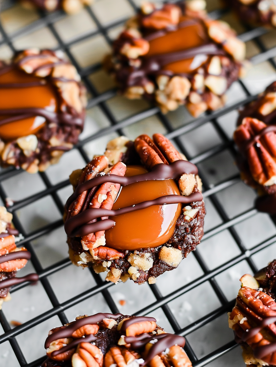 Close-up of Turtle Thumbprint Cookies with caramel and pecans