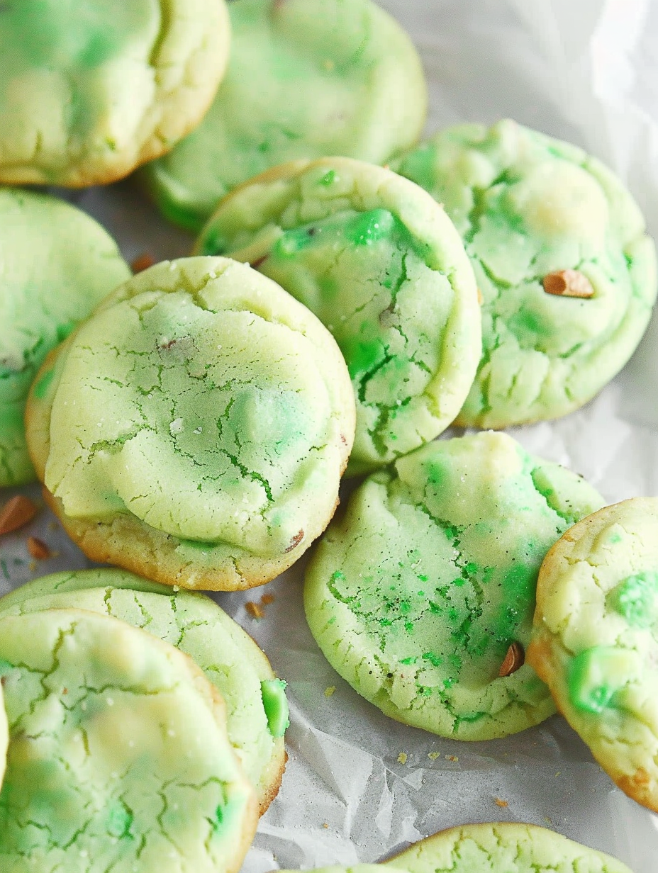 Freshly baked pistachio pudding cookies on a baking sheet