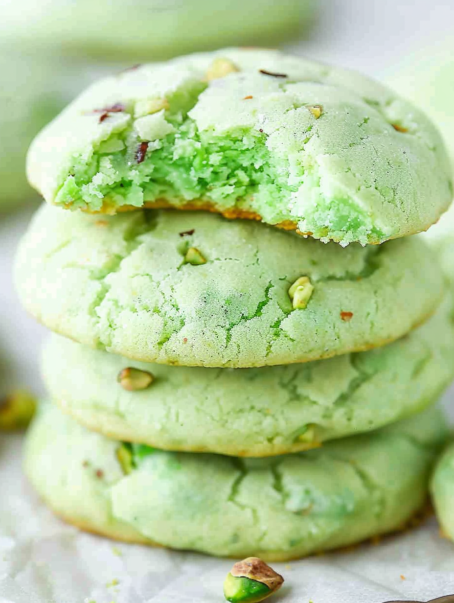 Close up of chewy pistachio cookie with soft center