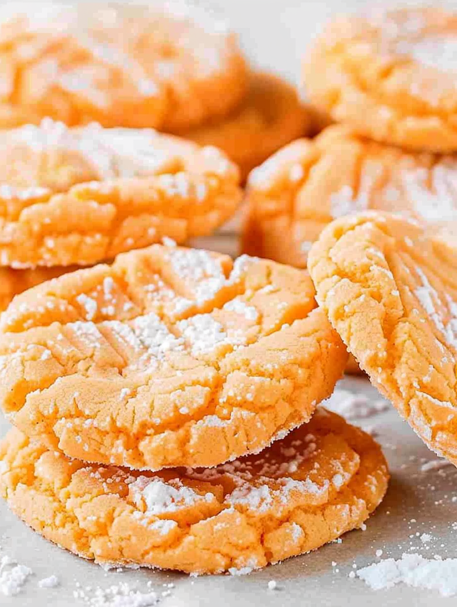 Close-up of orange creamsicle cookies showing soft interior and powdered sugar coating