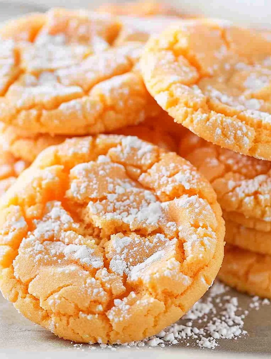 Orange creamsicle cookies on a cooling rack with powdered sugar coating