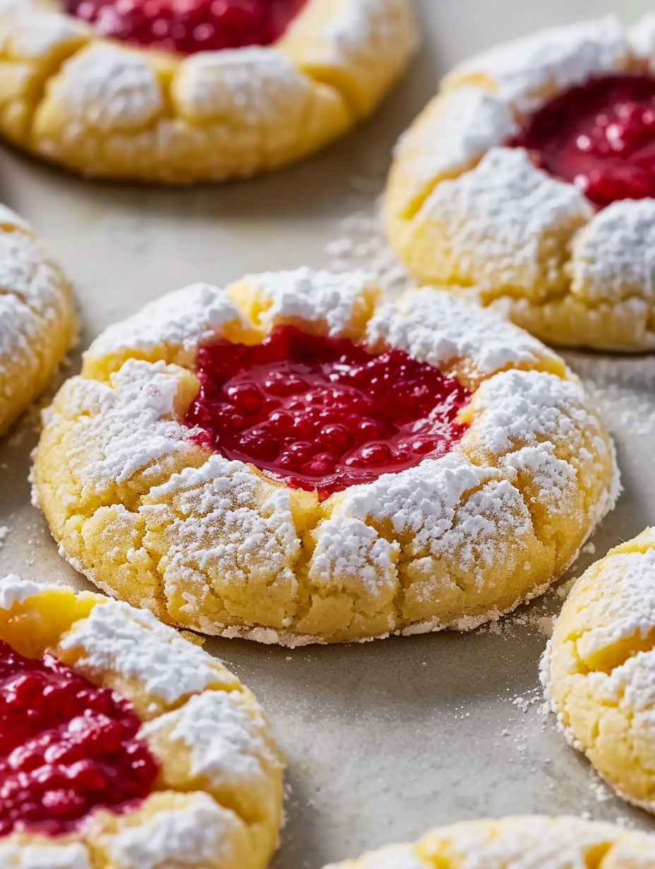 Close up of a lemon cookie with raspberry centre
