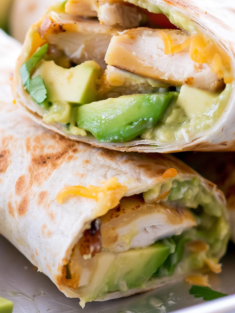 Cut open burrito showing avocado and chicken filling