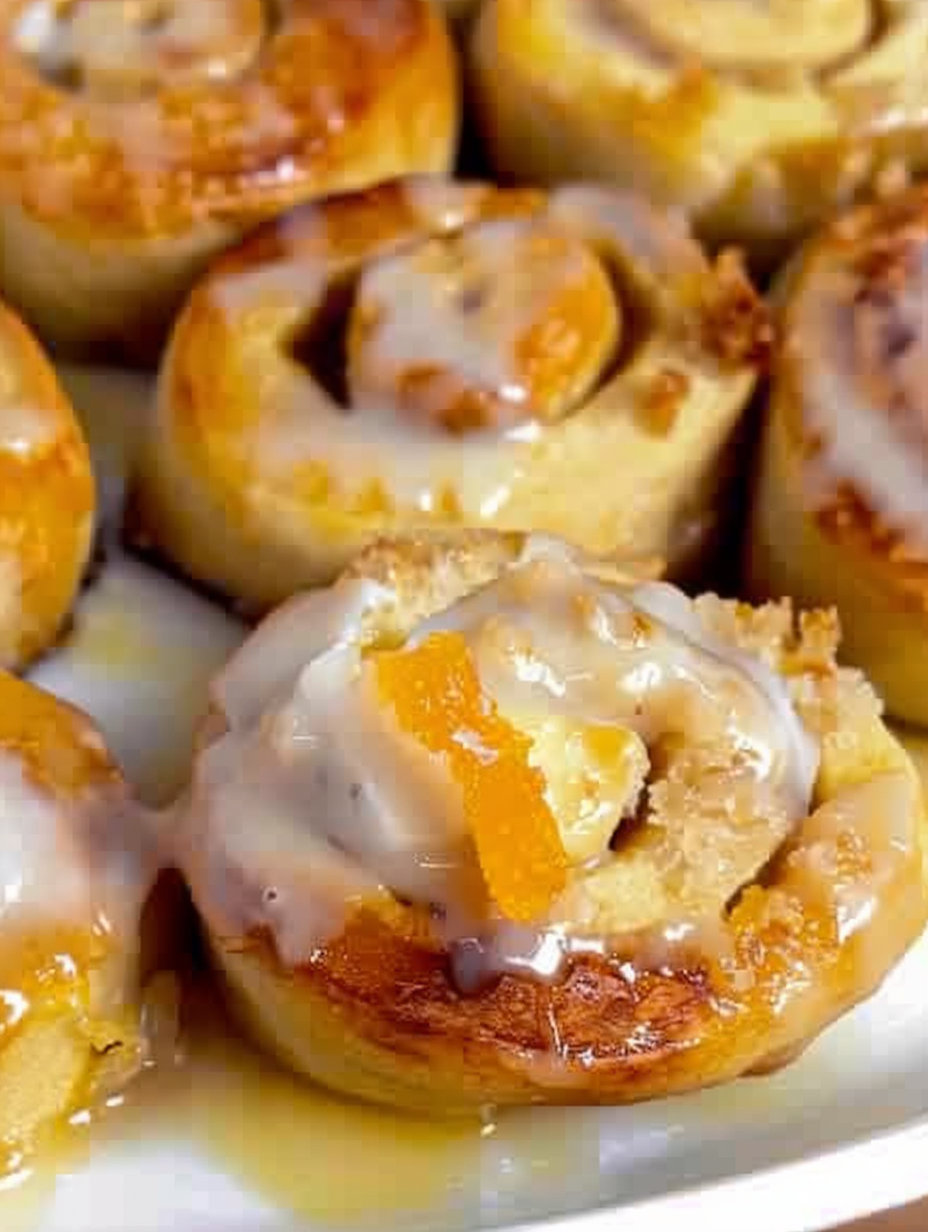 Close-up of pineapple glaze dripping over sweet roll