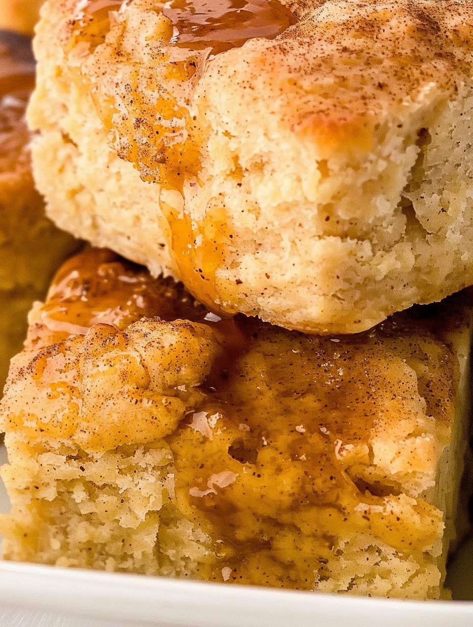 Sweet Potato Butter Swim Biscuits in baking dish with glaze
