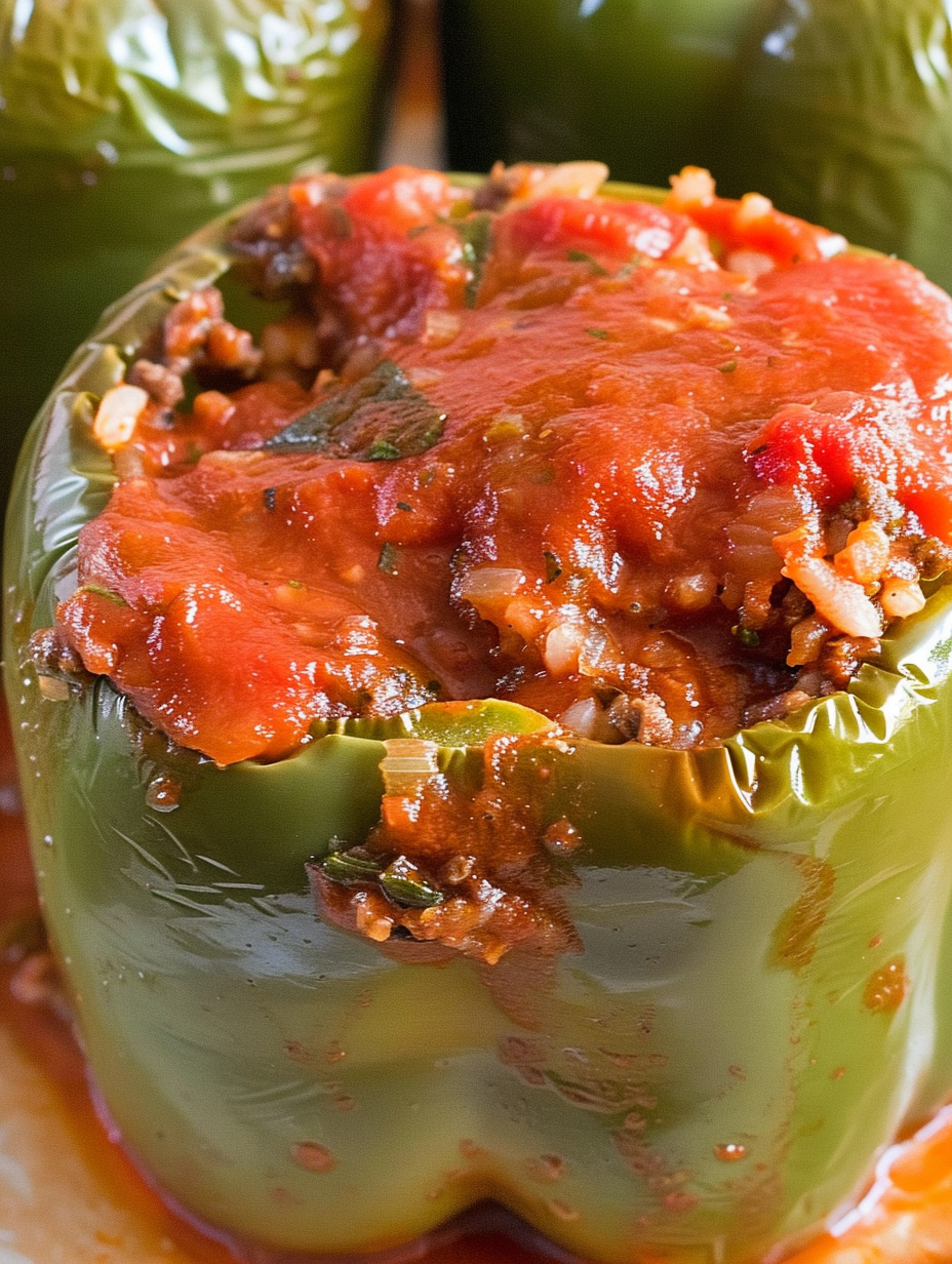 Two stuffed green peppers in a baking dish