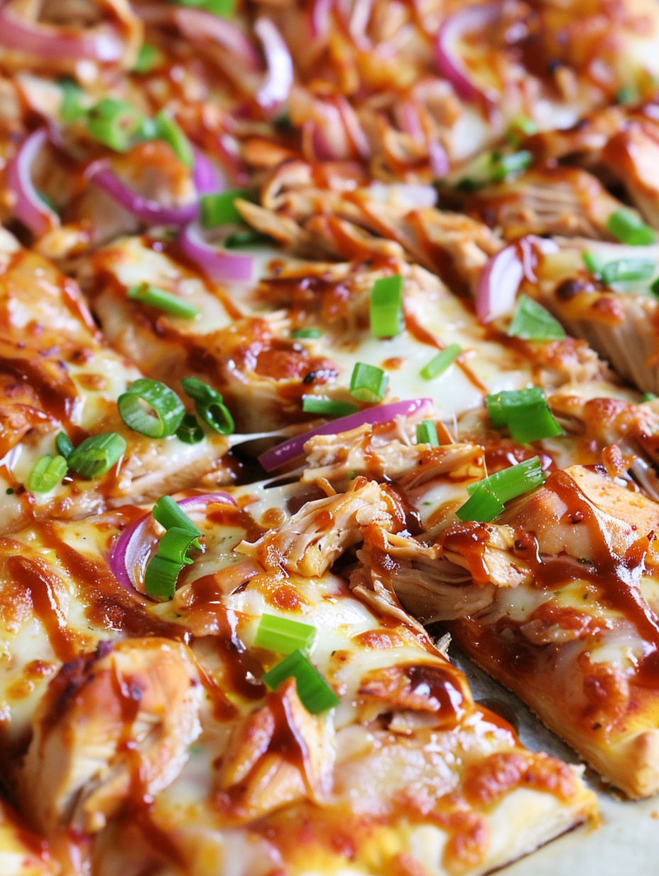 Sliced BBQ chicken puff pastry pizza with green onions