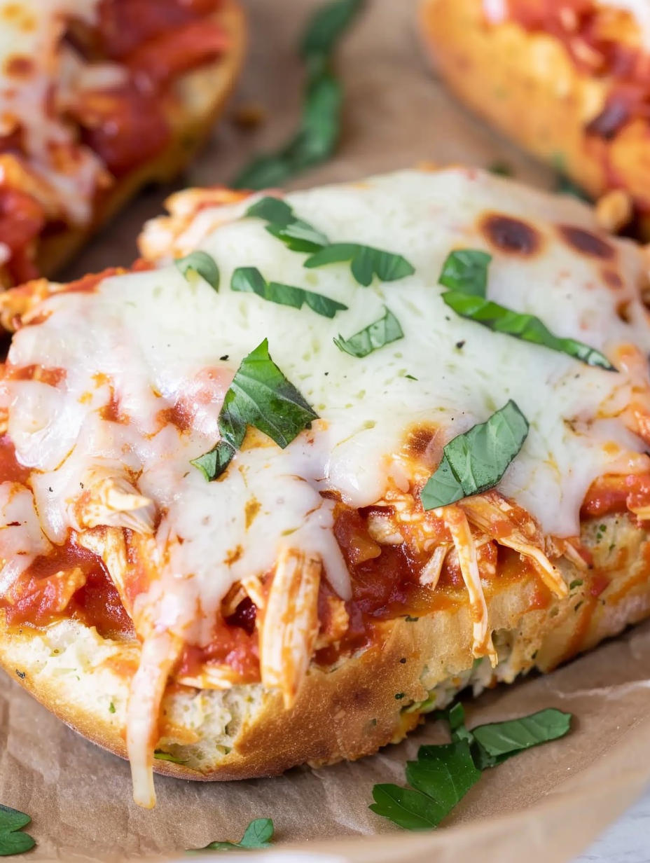 Shredded Chicken Parmesan open-faced on cheesy Texas toast