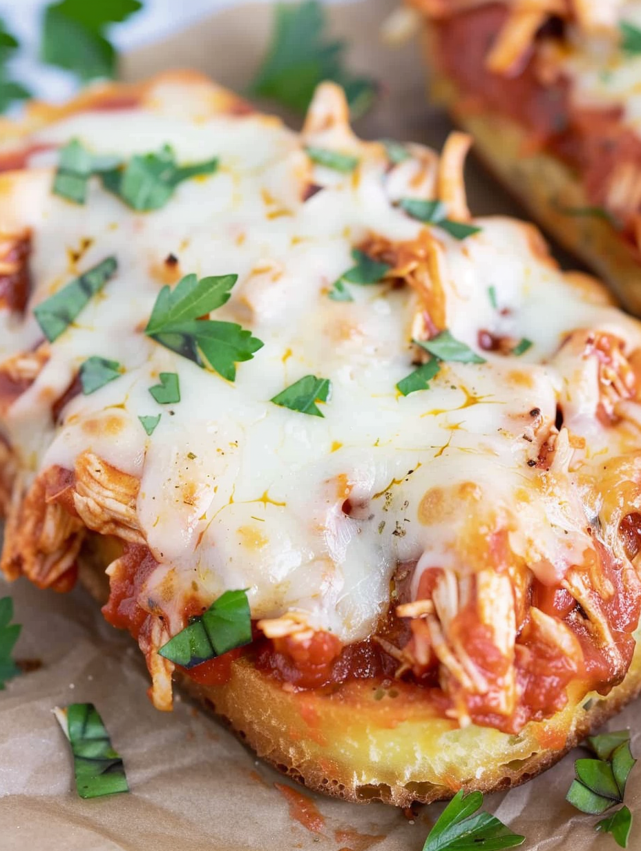 Close up of melted mozzarella and parmesan on toasted bread