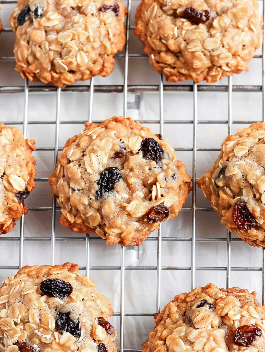Freshly baked oatmeal raisin cookies on a cooling rack