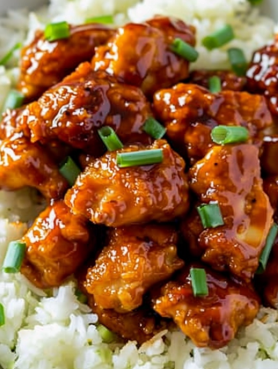 Plated firecracker chicken with rice and green onions