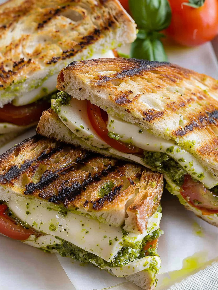 Chicken pesto panini pressed on grill