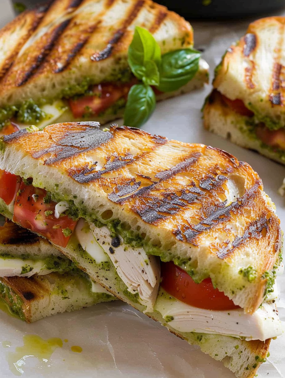 Close up of sliced panini with melted cheese