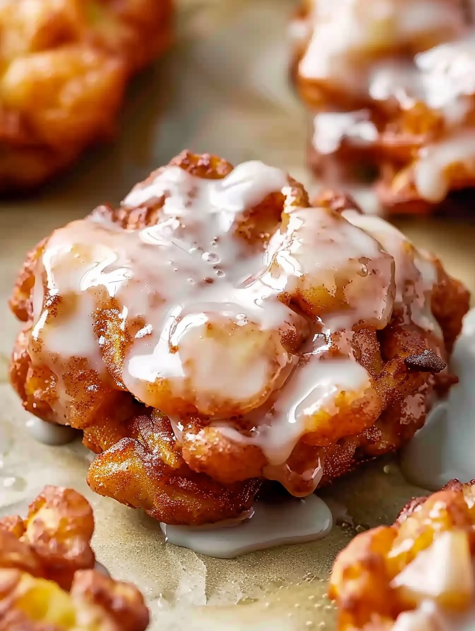 Golden apple fritters on a cooling rack