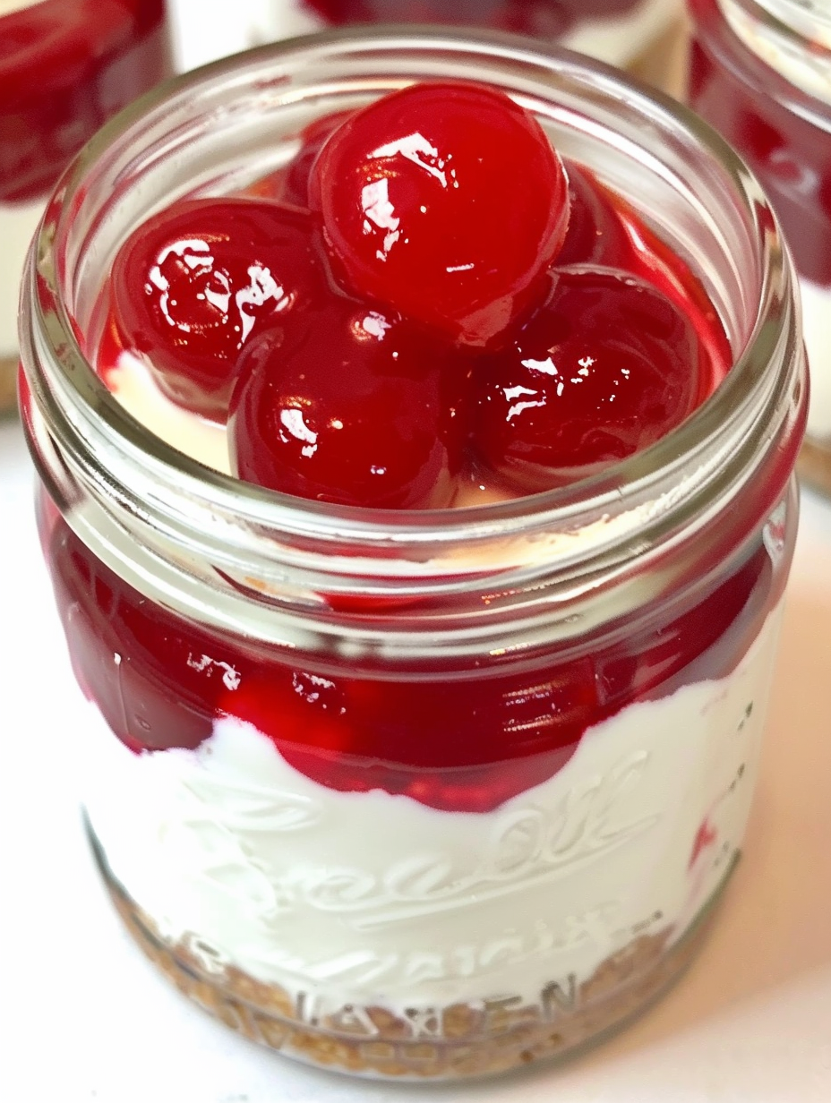 No-bake cherry cheesecake in jars with bright red cherry topping