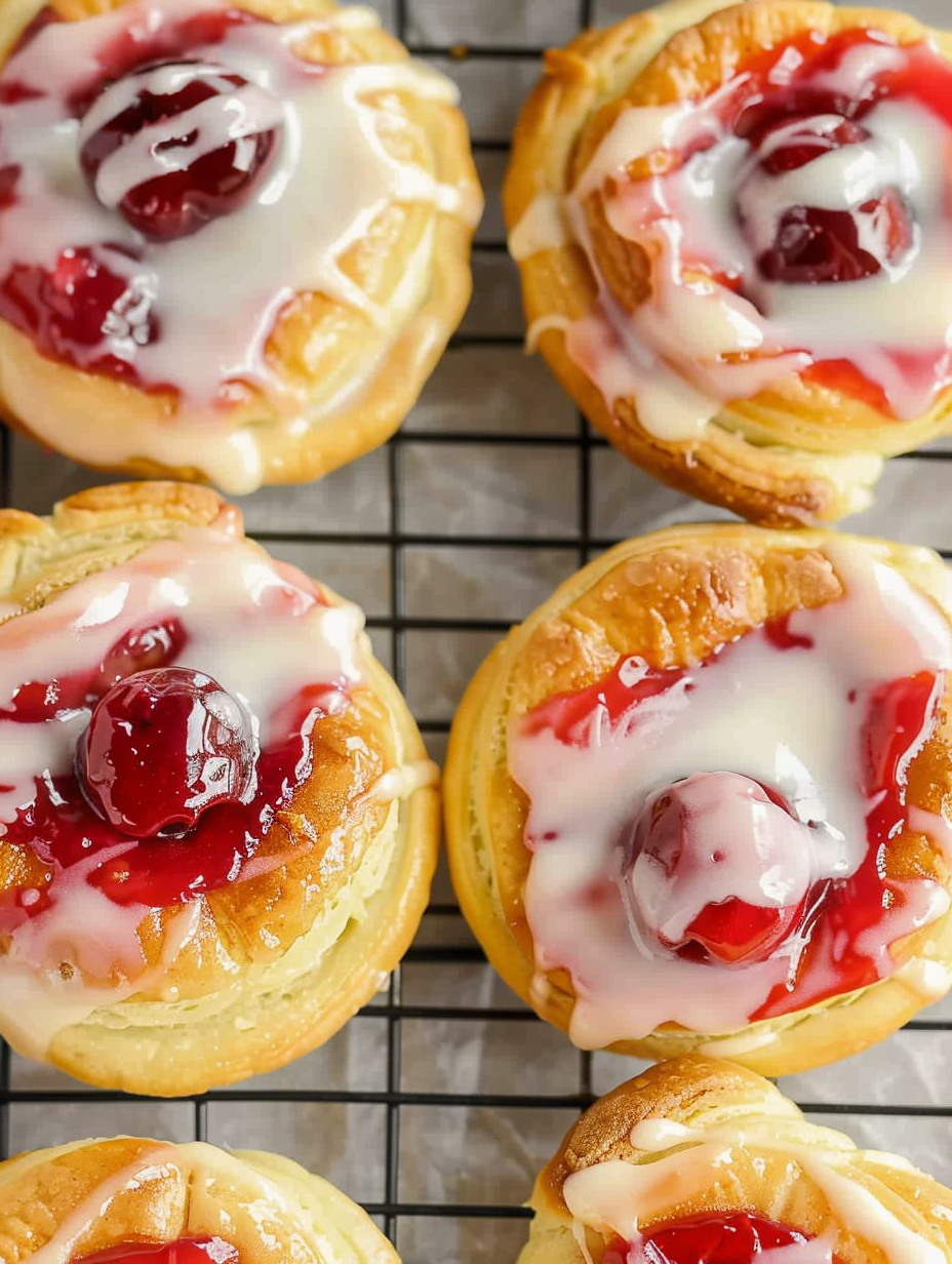 Freshly baked cherry danish with glaze