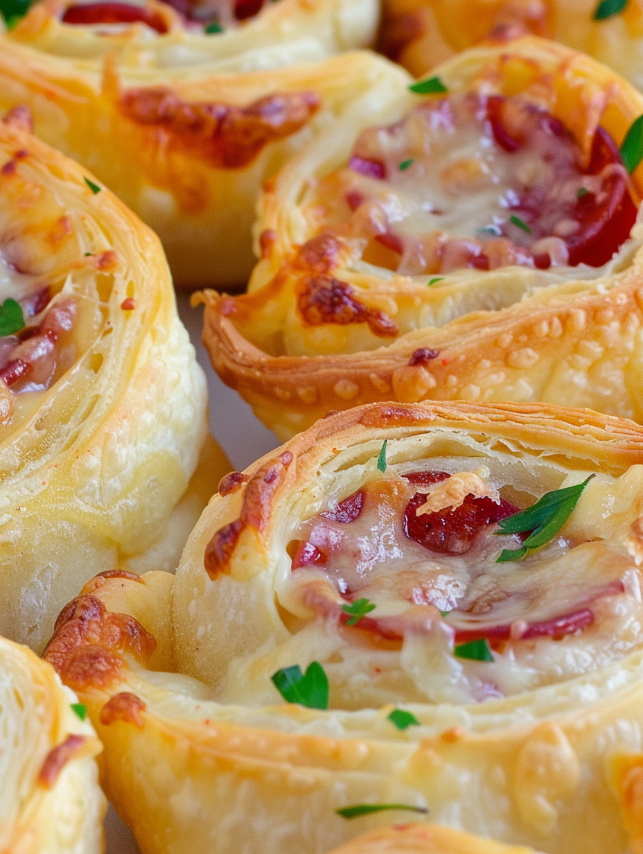 Freshly baked pizza pinwheels on a baking sheet