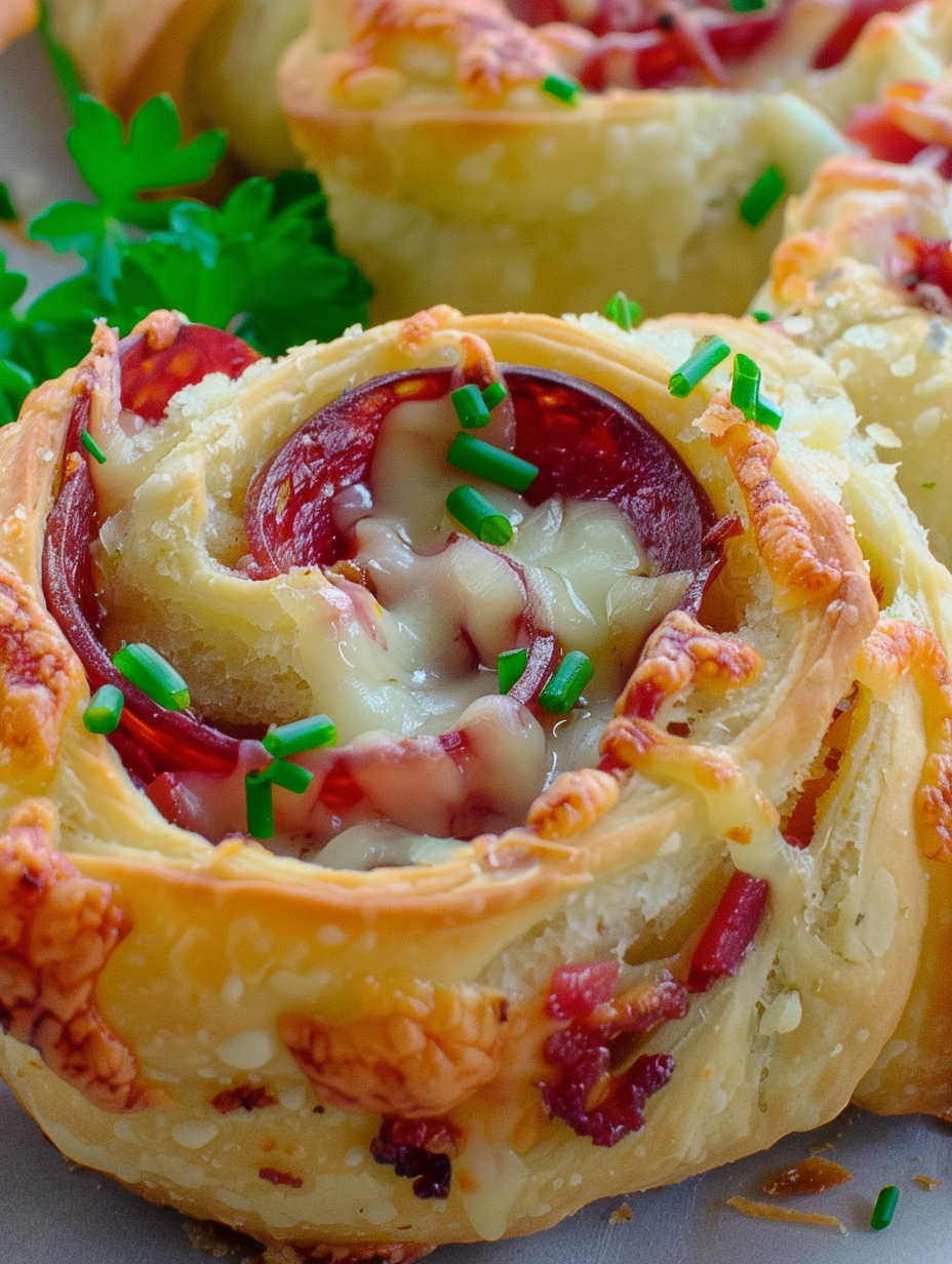Sliced pinwheels with pepperoni and melted cheese