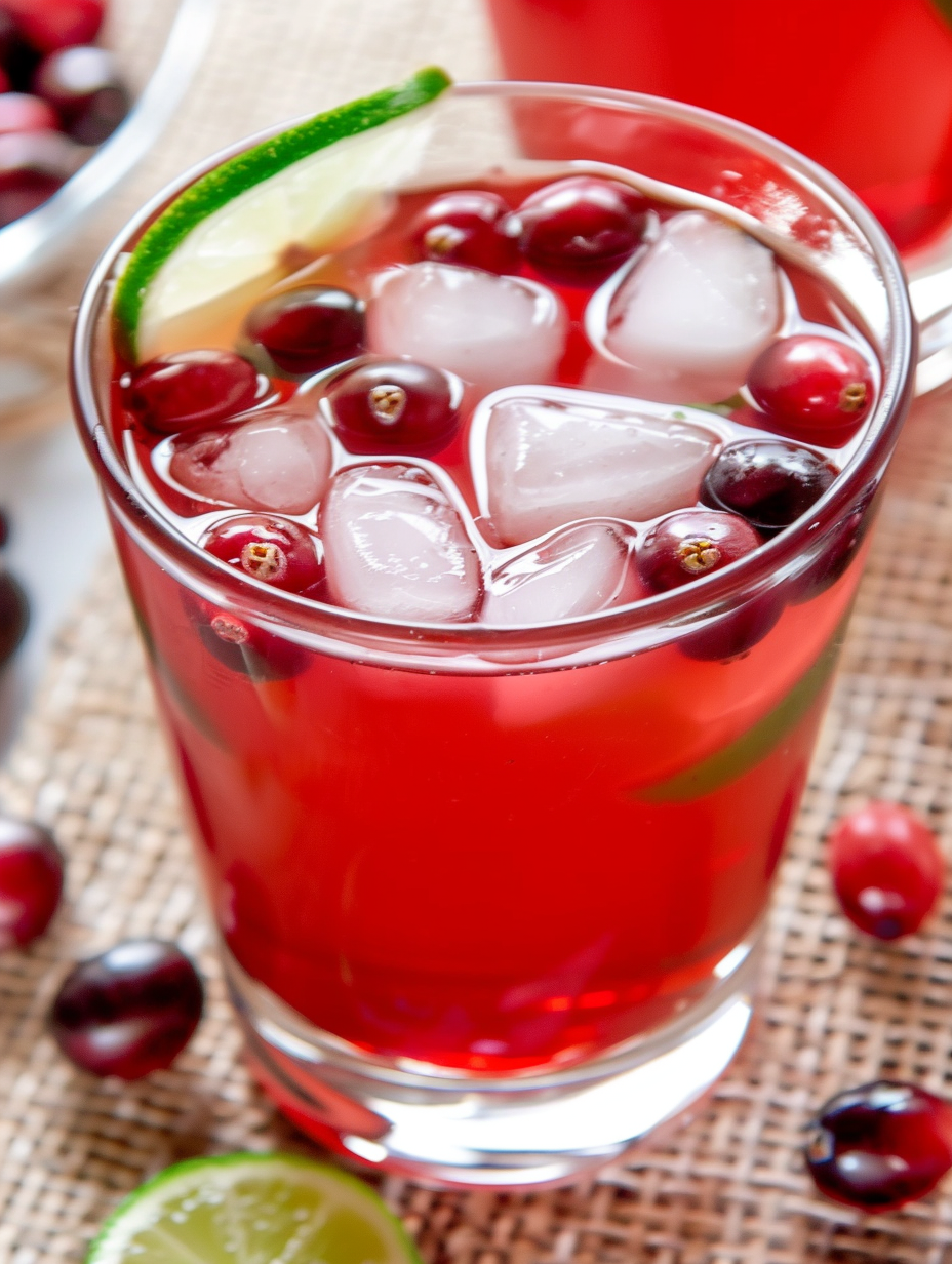 Cranberry margarita in a rocks glass with lime wedge and cranberries