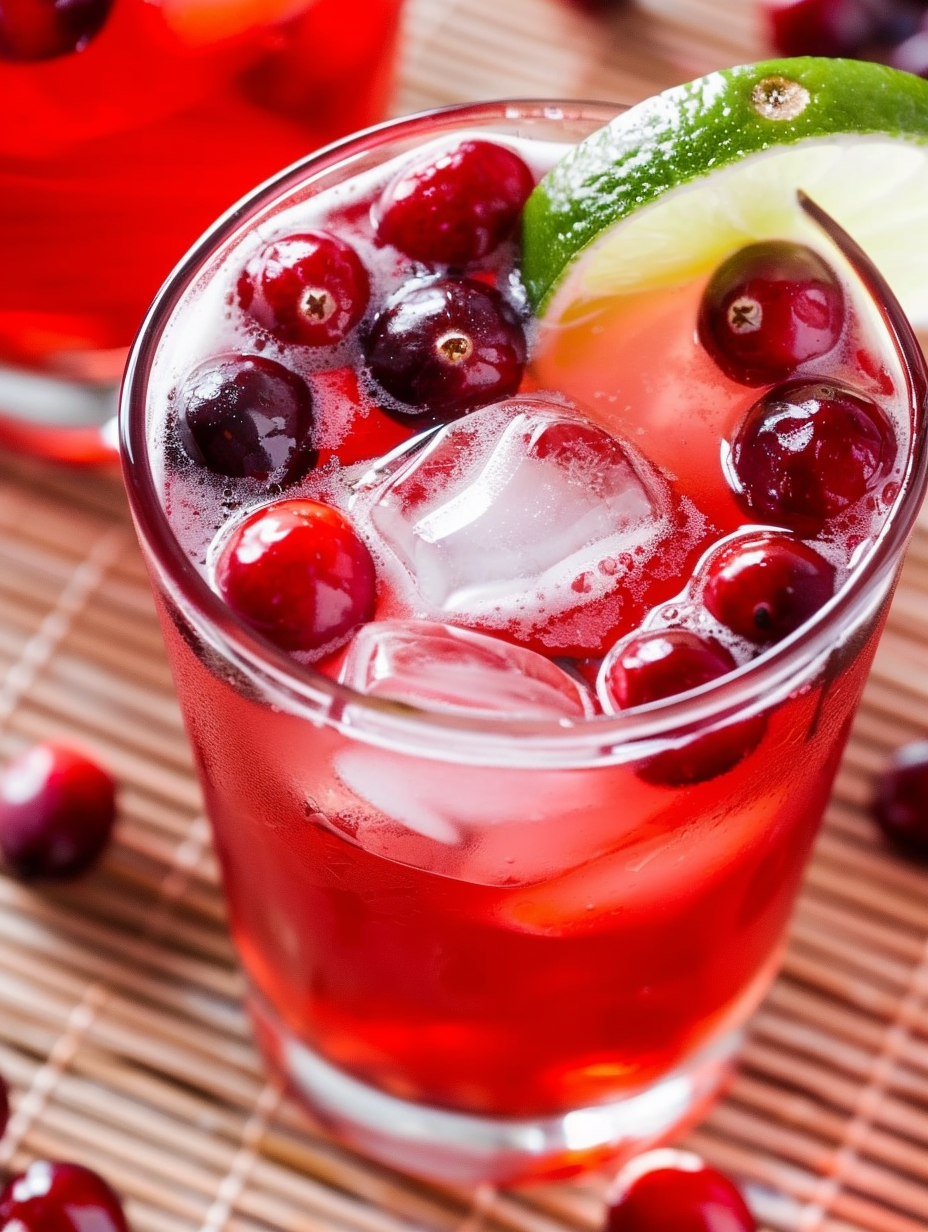 Two cranberry margaritas with lime wedges on a table