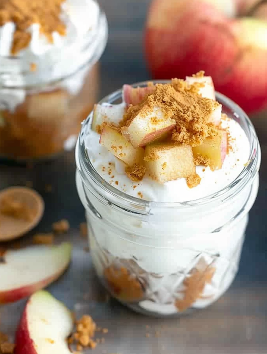 Top view of apple pie cheesecake jars