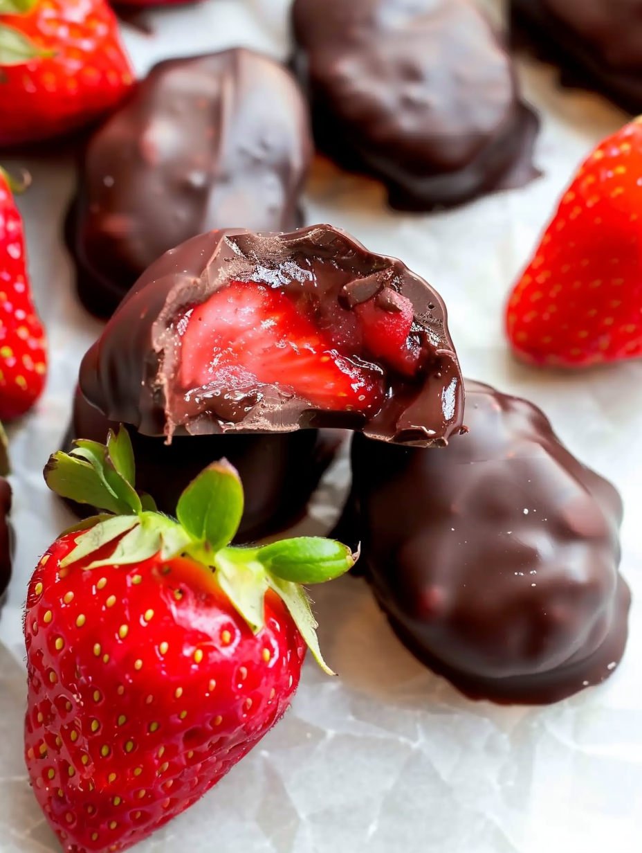 Close-up of frozen chocolate covered strawberry bites on parchment