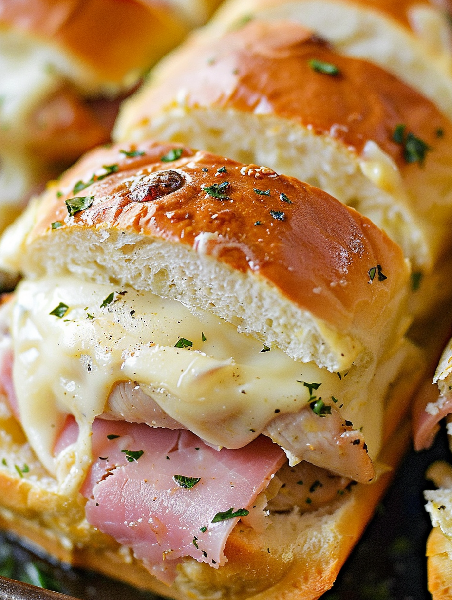 Chicken Cordon Bleu Sliders assembled on a baking tray