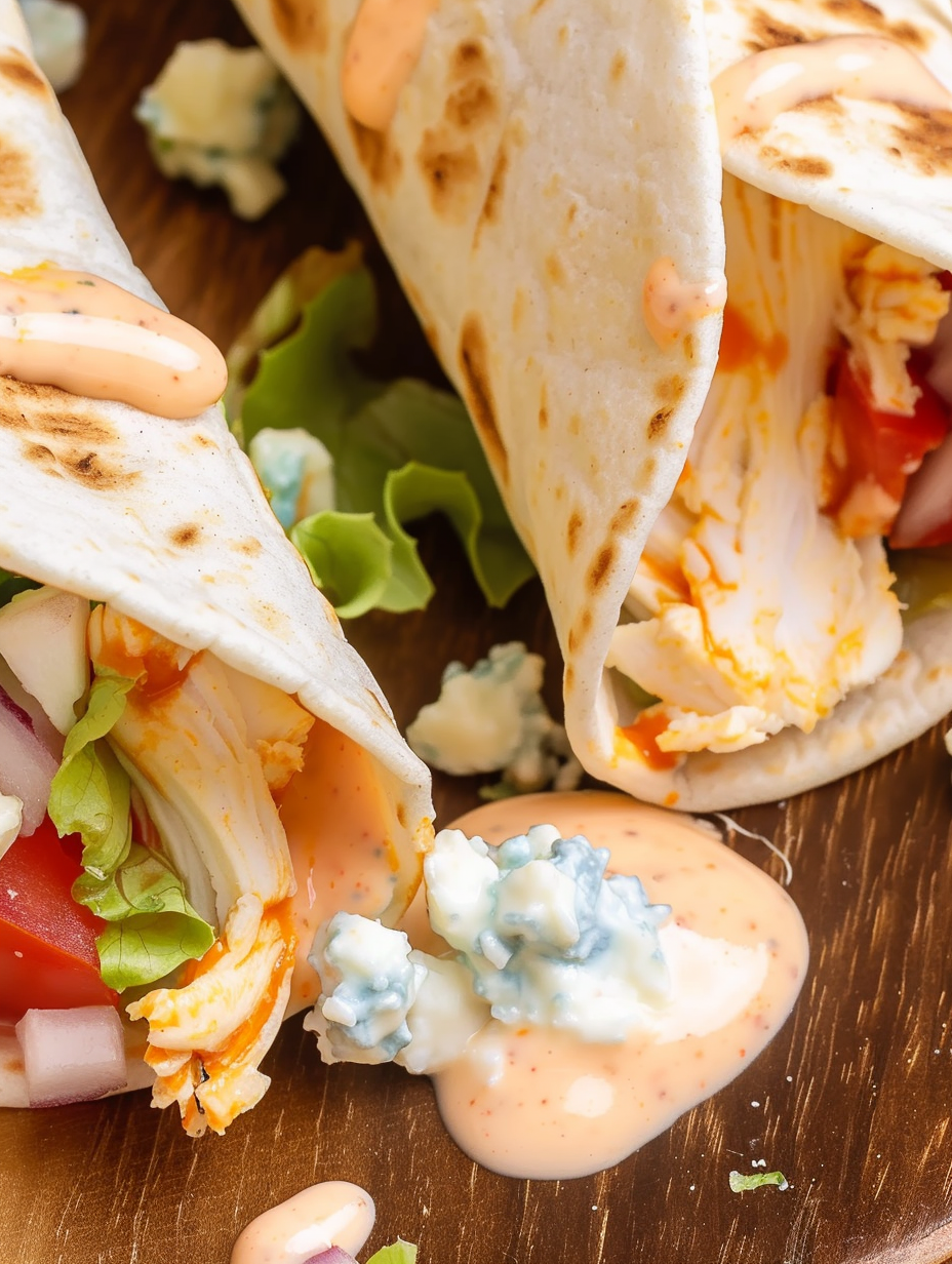 Assembled Buffalo chicken wraps sliced in half