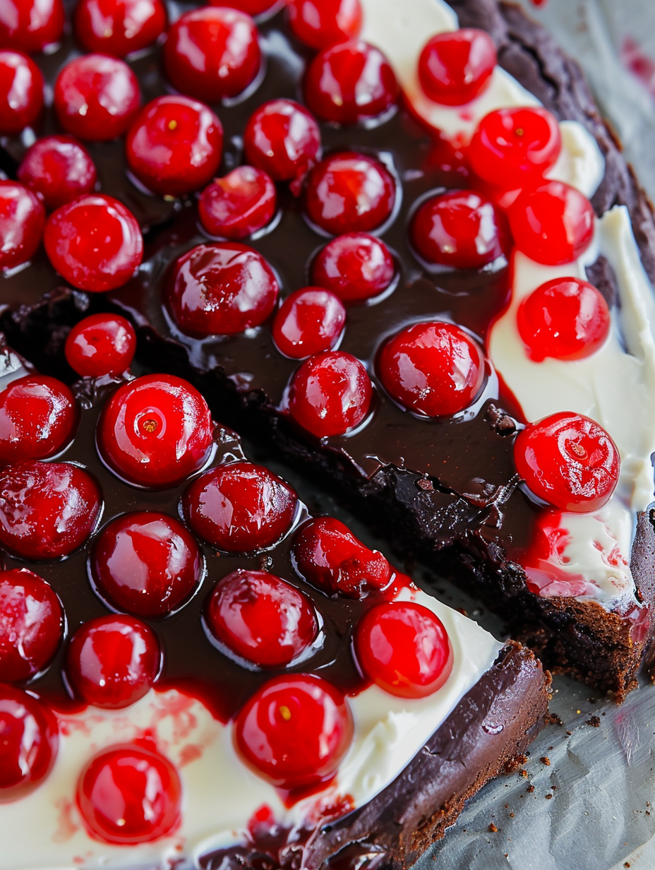Chocolate Cherry Brownie Dessert Pizza on a round pan