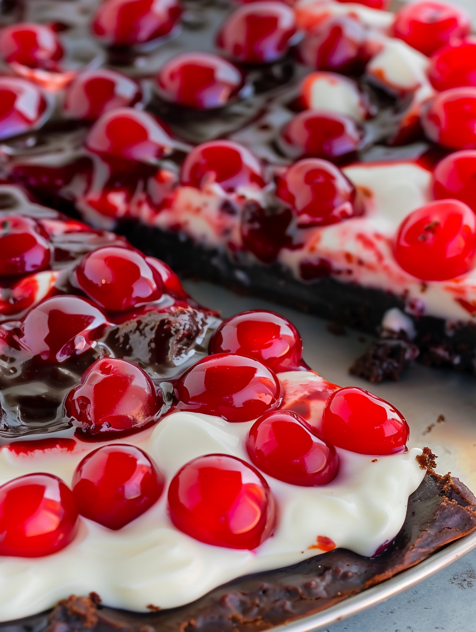 Sliced Chocolate Cherry Brownie Dessert Pizza on a board