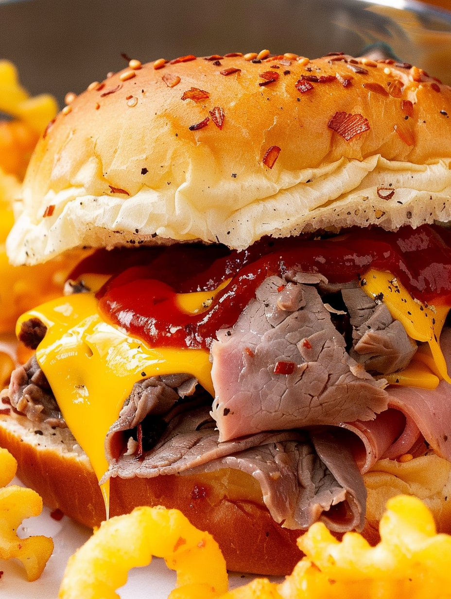 Assembled Beef N Cheddar sandwich on a plate