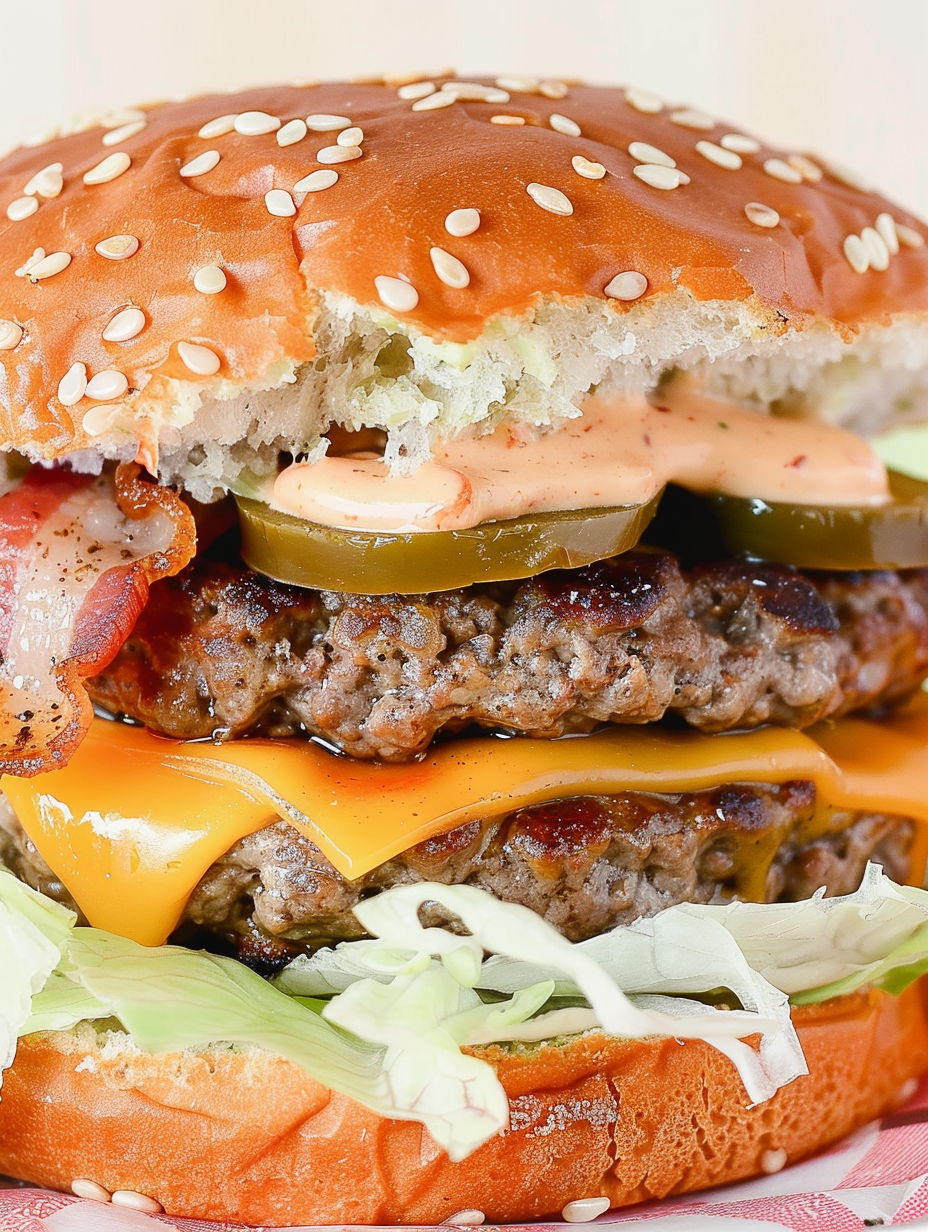Two stuffed bacon cheeseburgers on a plate with toppings