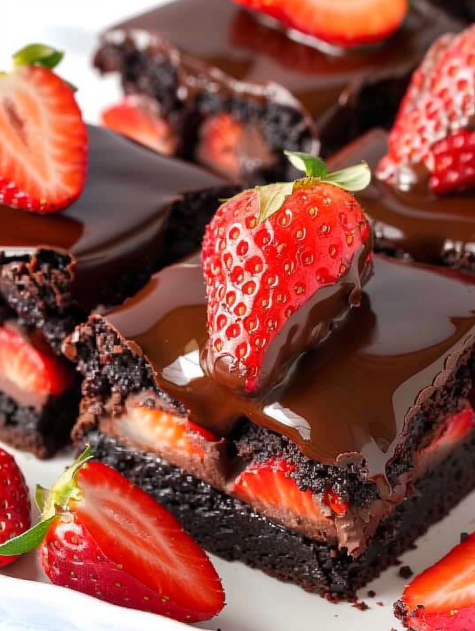 Close up of glossy ganache poured over strawberries