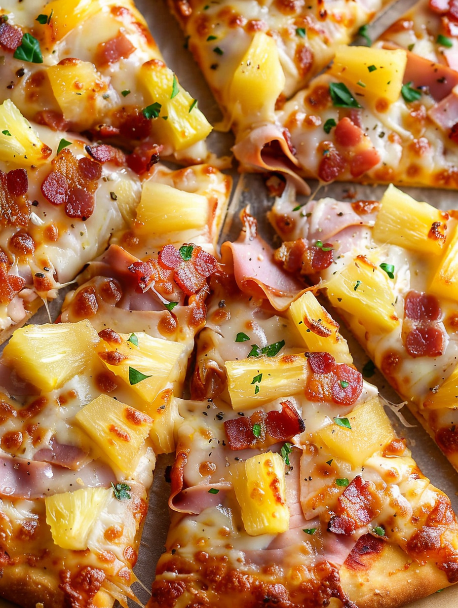 Hawaiian pizza fresh from oven with bubbling cheese