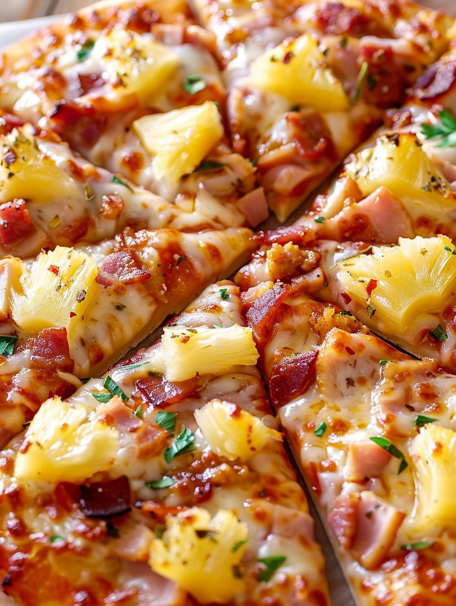 Sliced Hawaiin pizza garnished with parsley and red pepper flakes