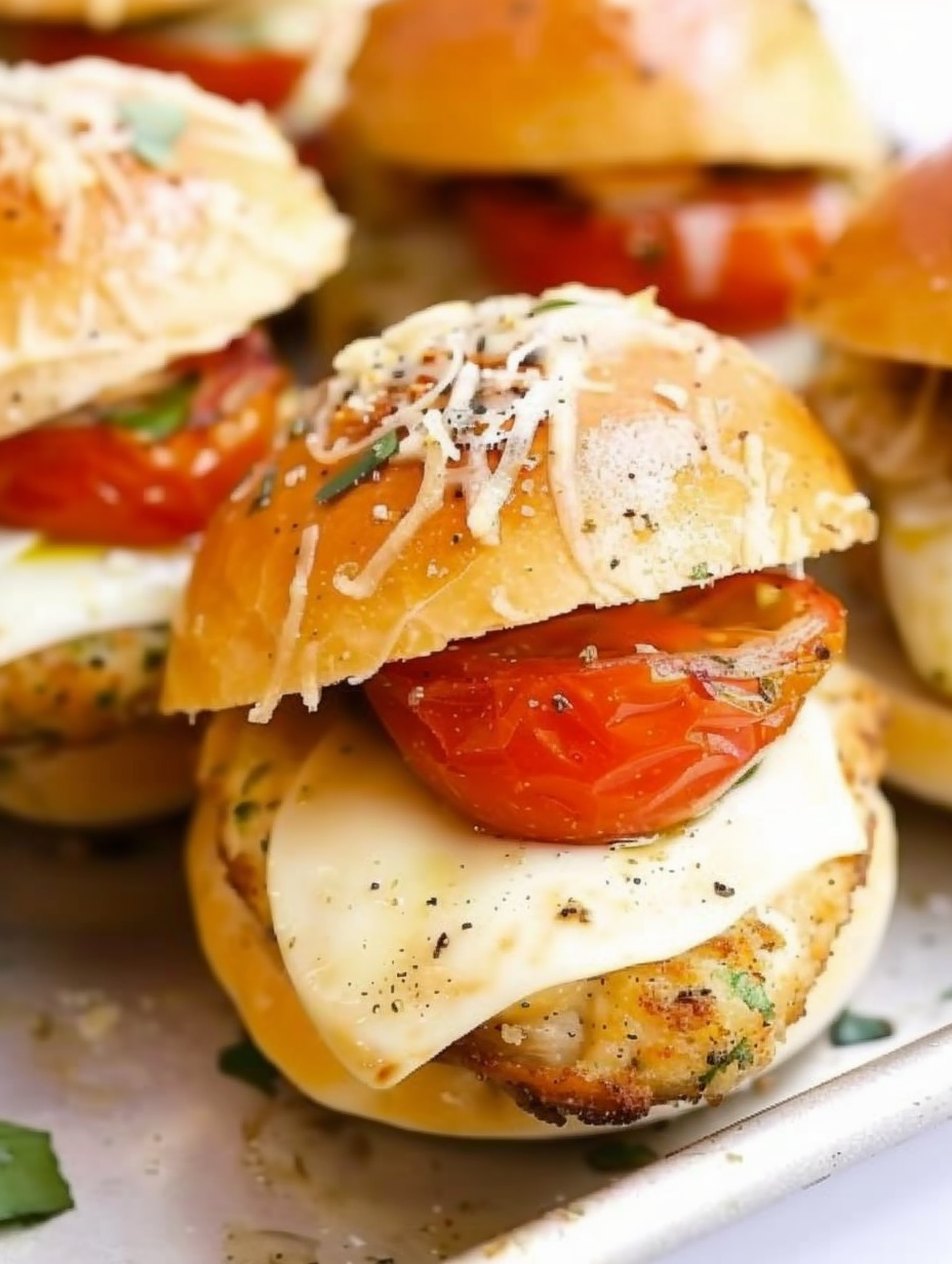 Gardein Chick'n sliders with roasted tomatoes and melted mozzarella
