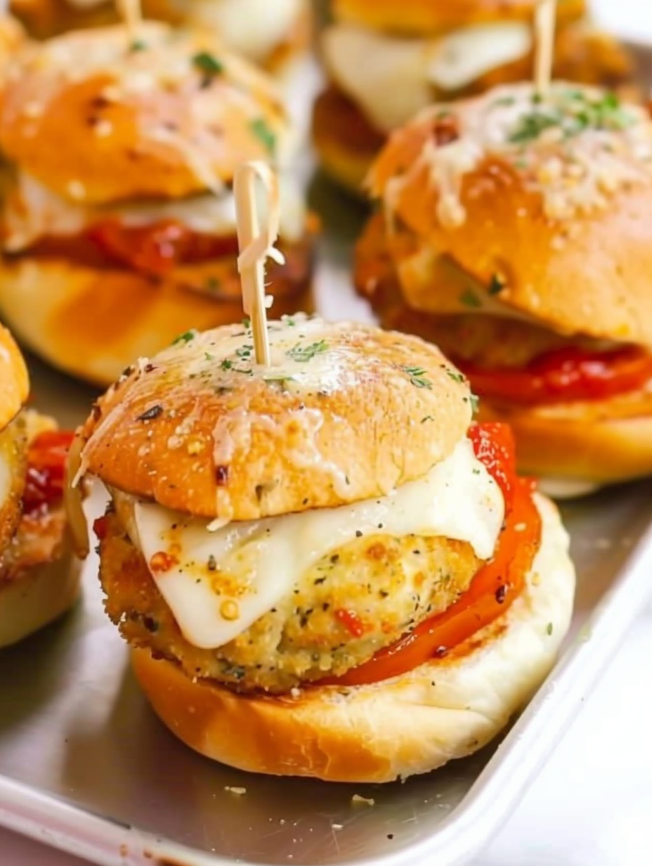 Close-up of a slider being assembled with fresh mozzarella