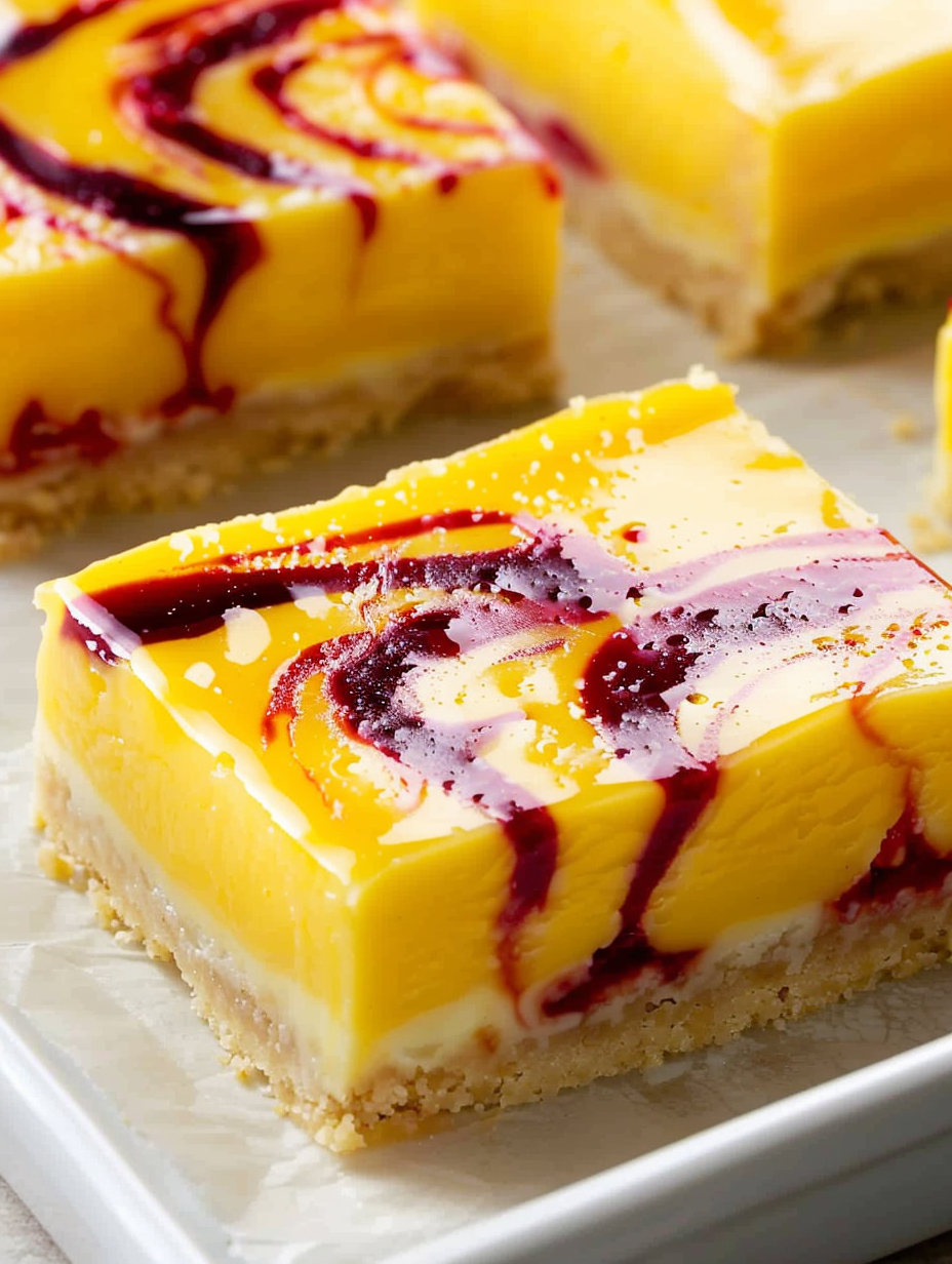 Close-up of mango curd with raspberry swirl