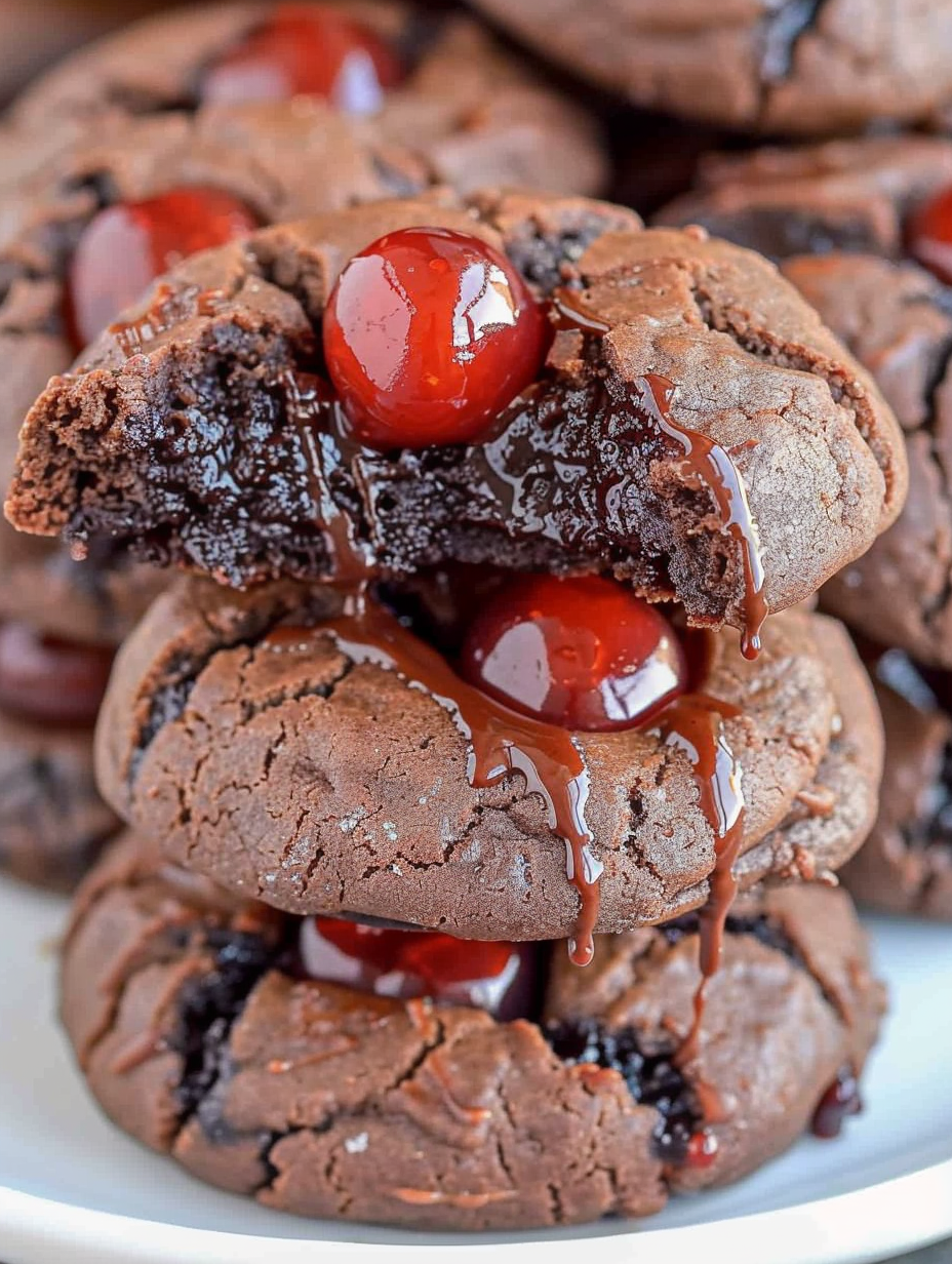 Cherry chocolate cookies on a cooling rack