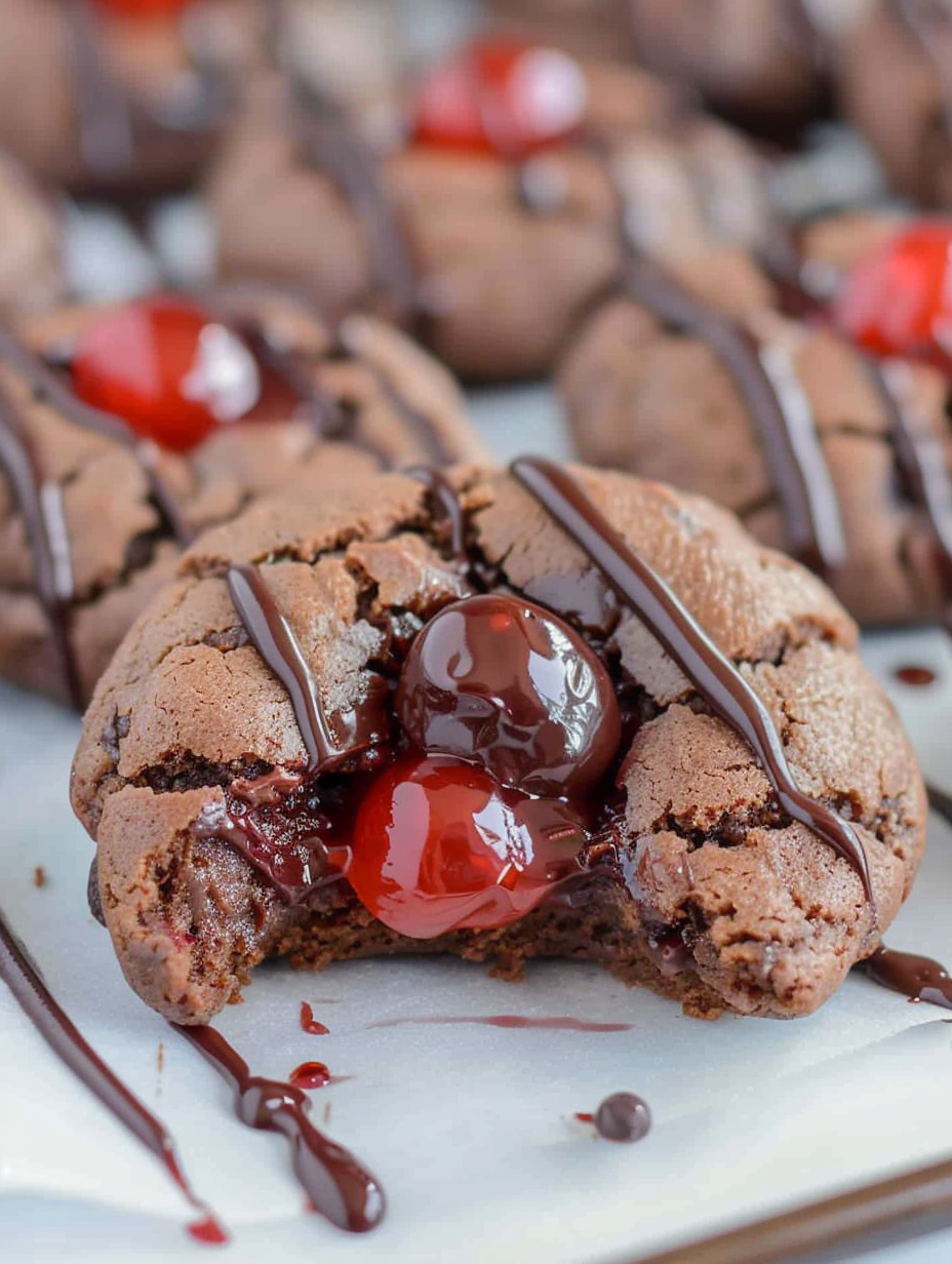 Close up of a cherry filled chocolate cookie