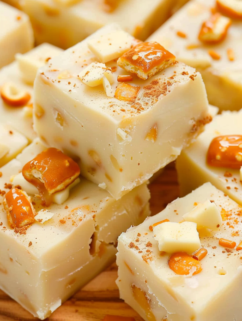 White chocolate caramel fudge close-up with pretzel topping