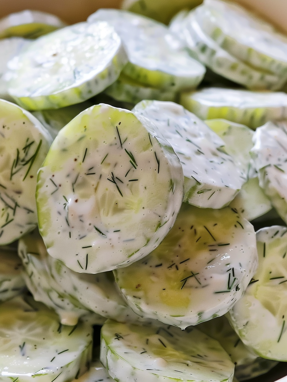 Creamy cucumber salad in a bowl with dill