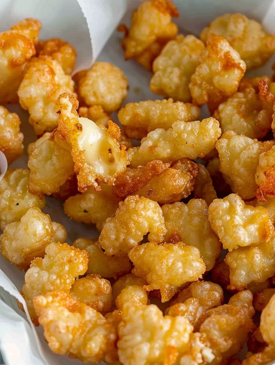 Close-up of battering cheese curds in a bowl of club soda batter