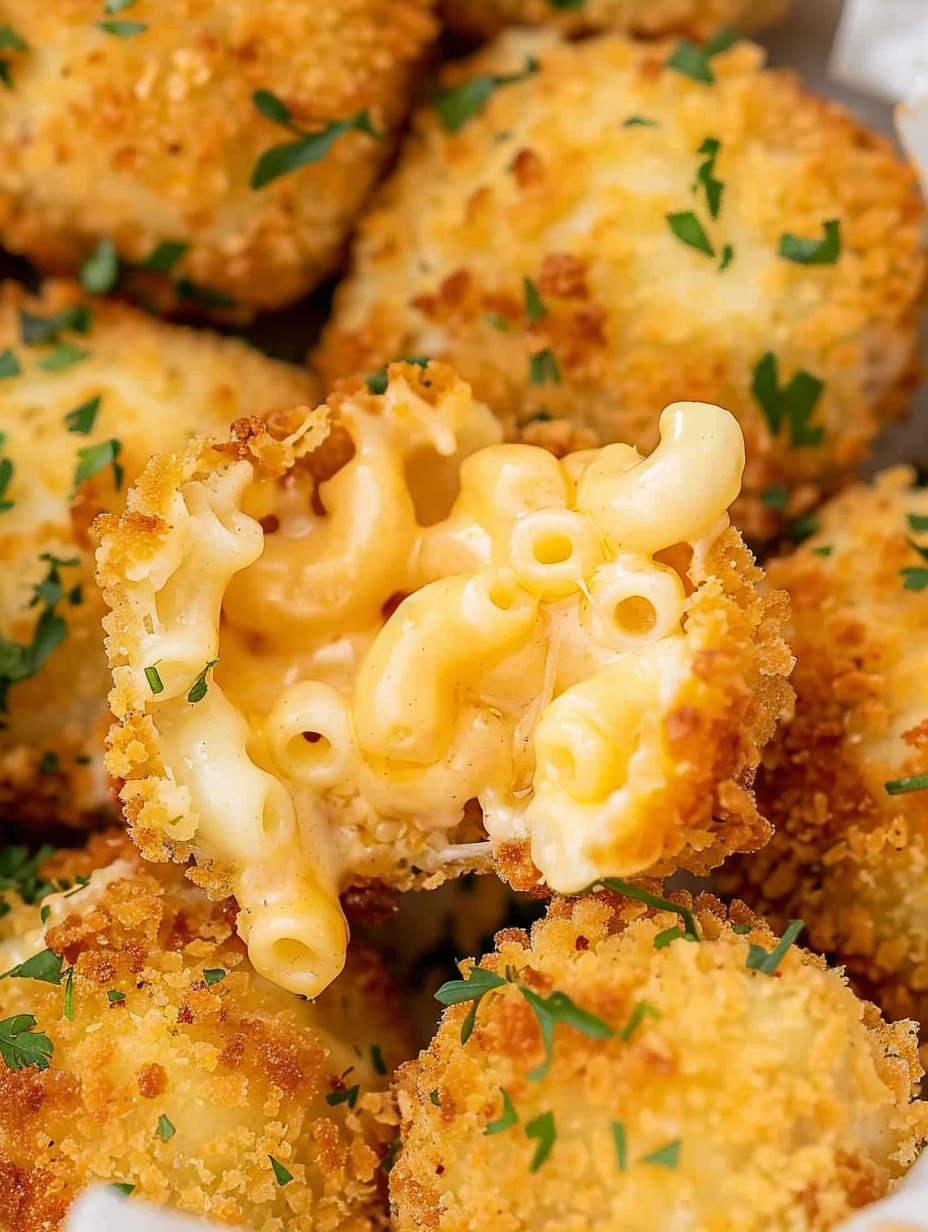Close-up of golden fried mac and cheese balls