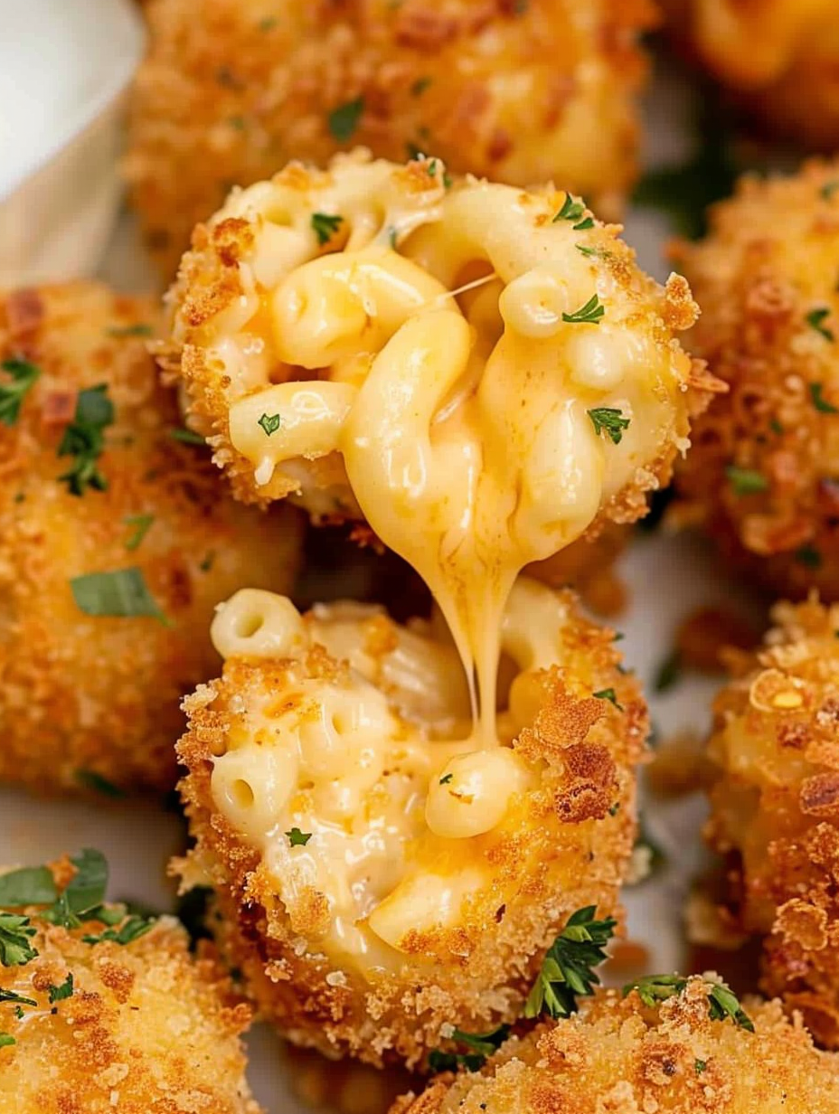 Two mac and cheese balls on a plate with dipping sauce